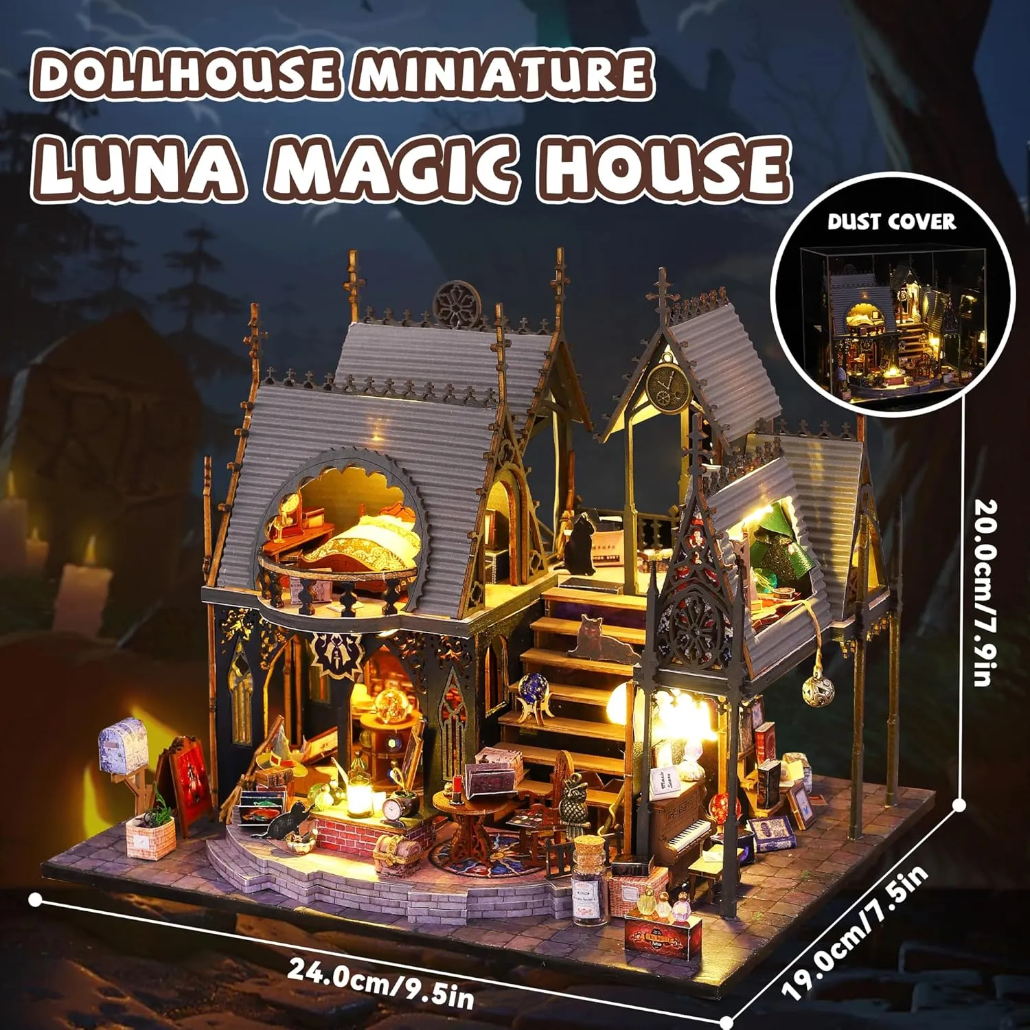 Kisoy Dollhouse Miniature Kit, DIY Wooden Mini House Building Kits, 1:36 Scale Miniature Dollhouse Furniture and Accessories for Teens & Adults (Luna Magic House)