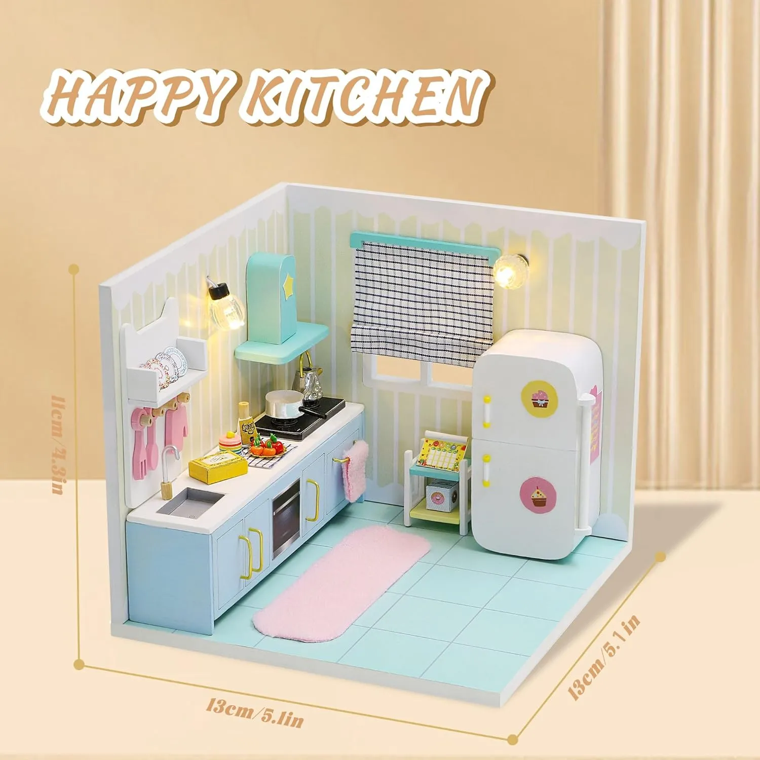 Kisoy Dollhouse Miniature with Furniture Kit, DIY 3D Wooden DIY House Kit A Corner of a Small Apartment Style with Dust Cover & LED,Handmade Tiny House Toys for Kids Adults Gift (Kitchen)