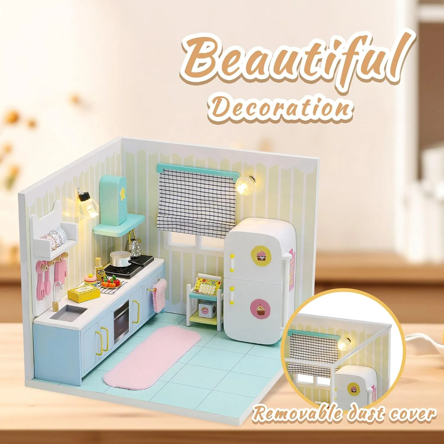 Kisoy Dollhouse Miniature with Furniture Kit, DIY 3D Wooden DIY House Kit A Corner of a Small Apartment Style with Dust Cover & LED,Handmade Tiny House Toys for Kids Adults Gift (Kitchen)