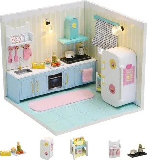 Kisoy Dollhouse Miniature with Furniture Kit, DIY 3D Wooden DIY House Kit A Corner of a Small Apartment Style with Dust Cover & LED,Handmade Tiny House Toys for Kids Adults Gift (Kitchen)