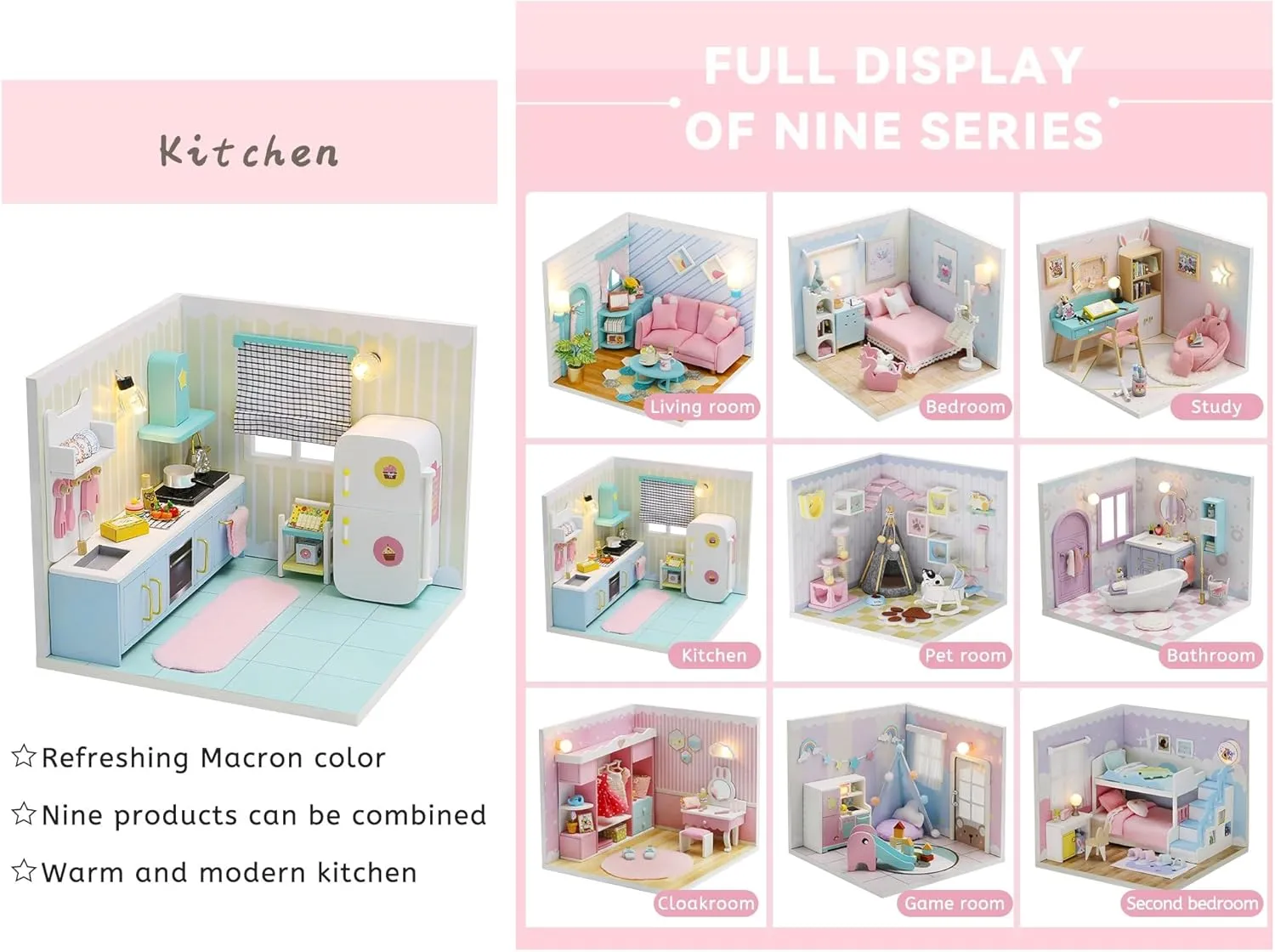 Kisoy Dollhouse Miniature with Furniture Kit, DIY 3D Wooden DIY House Kit A Corner of a Small Apartment Style with Dust Cover & LED,Handmade Tiny House Toys for Kids Adults Gift (Kitchen)