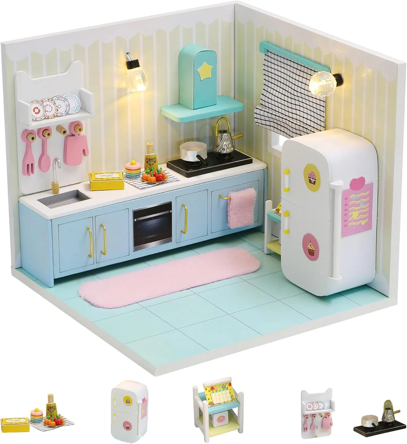 Kisoy Dollhouse Miniature with Furniture Kit, DIY 3D Wooden DIY House Kit A Corner of a Small Apartment Style with Dust Cover & LED,Handmade Tiny House Toys for Kids Adults Gift (Kitchen)