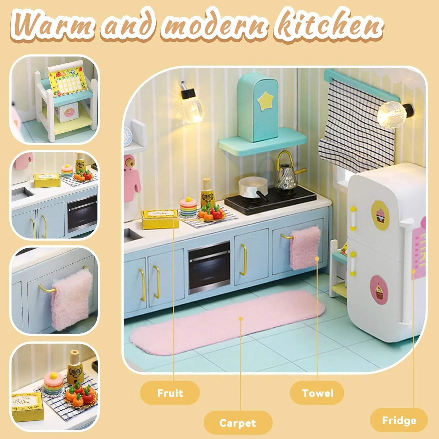 Kisoy Dollhouse Miniature with Furniture Kit, DIY 3D Wooden DIY House Kit A Corner of a Small Apartment Style with Dust Cover & LED,Handmade Tiny House Toys for Kids Adults Gift (Kitchen)