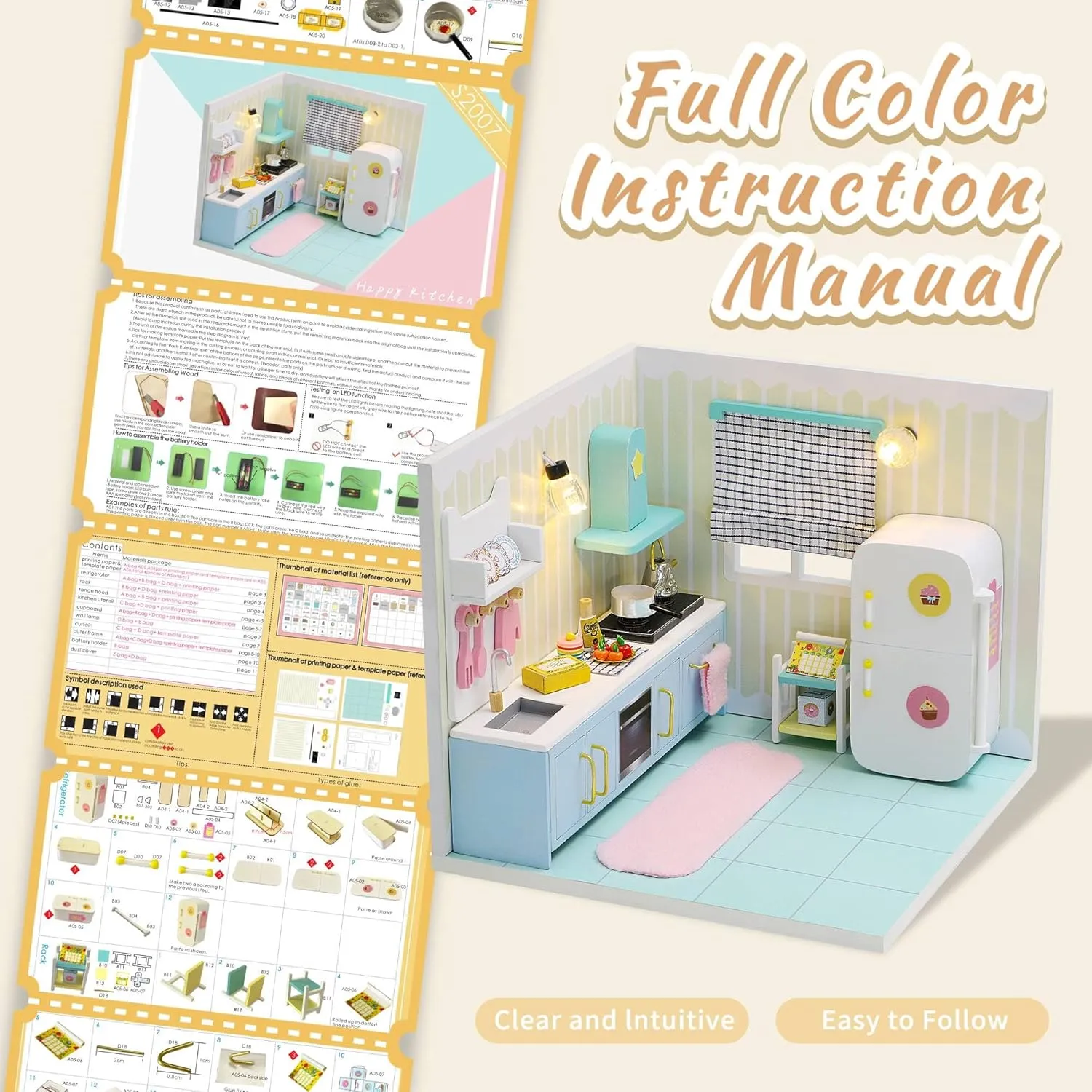 Kisoy Dollhouse Miniature with Furniture Kit, DIY 3D Wooden DIY House Kit A Corner of a Small Apartment Style with Dust Cover & LED,Handmade Tiny House Toys for Kids Adults Gift (Kitchen)