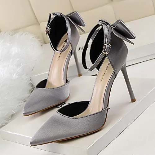 Korean version of sweet beauty shoes with thin heels, high heels, shallow mouth, pointed silk, hollow back bow, and sandals