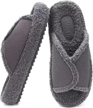 KUAILU Women Cozy Slippers Comfortable Suede Faux Fluff Warm Sherpa Lining House slippers for ladies Bedroom Memory Foam Cushioned Orthotic Open Toe Slides Thick Hard Sole Indoor&Outdoor (US Size 5-11)