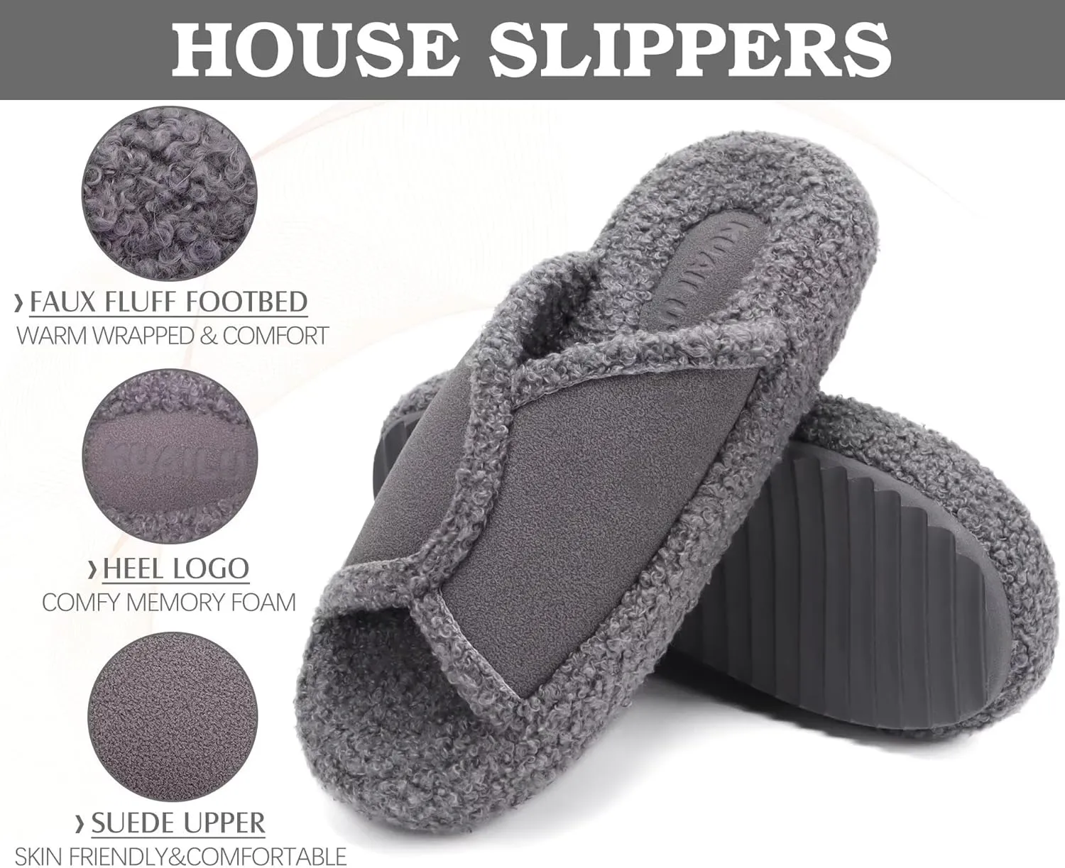 KUAILU Women Cozy Slippers Comfortable Suede Faux Fluff Warm Sherpa Lining House slippers for ladies Bedroom Memory Foam Cushioned Orthotic Open Toe Slides Thick Hard Sole Indoor&Outdoor (US Size 5-11)