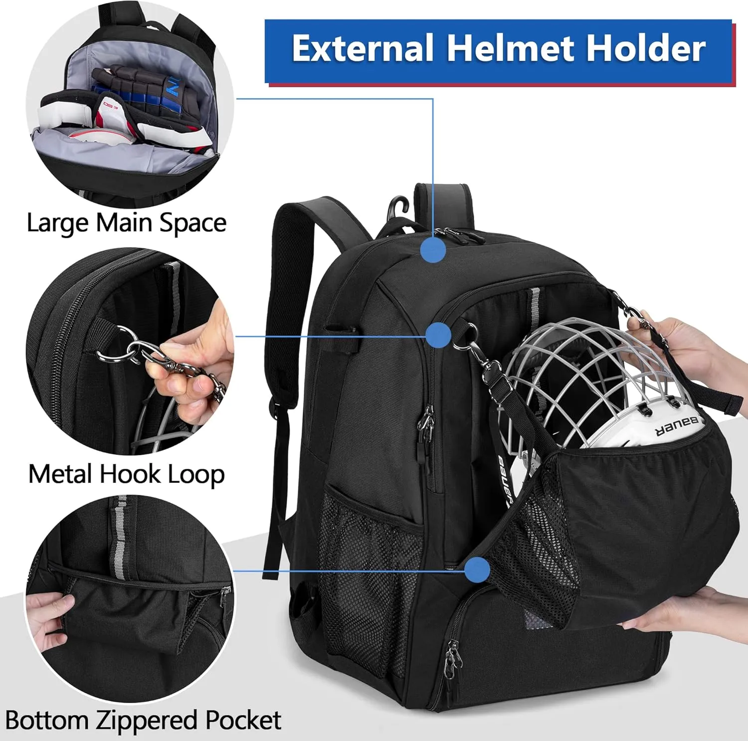 Lacrosse Equipment Backpack with Stick Holder & Hidden Zipper Net, Separate Ventilated Shoe Space, Holds All Lacrosse or Field Hockey Gears, Up to US Mens 13