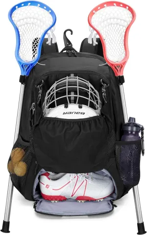 Lacrosse Equipment Backpack with Stick Holder & Hidden Zipper Net, Separate Ventilated Shoe Space, Holds All Lacrosse or Field Hockey Gears, Up to US Mens 13