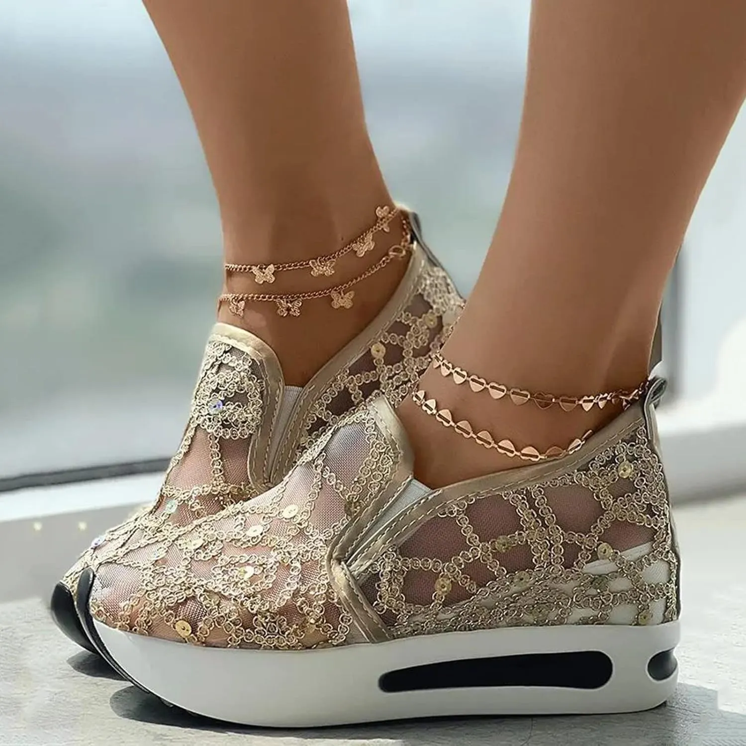 Ladies Fashion Breathable Knitted Mesh Pointed Flat Bottomed Casual Single Shoes Wedges Wide Feet