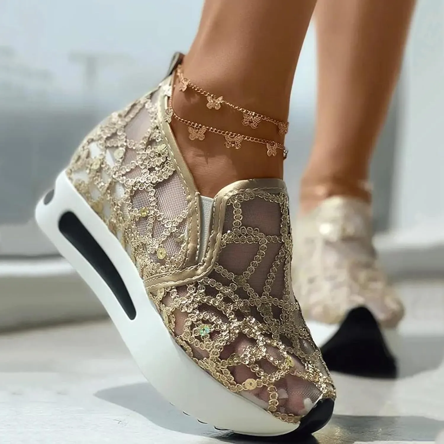 Ladies Fashion Breathable Knitted Mesh Pointed Flat Bottomed Casual Single Shoes Wedges Wide Feet