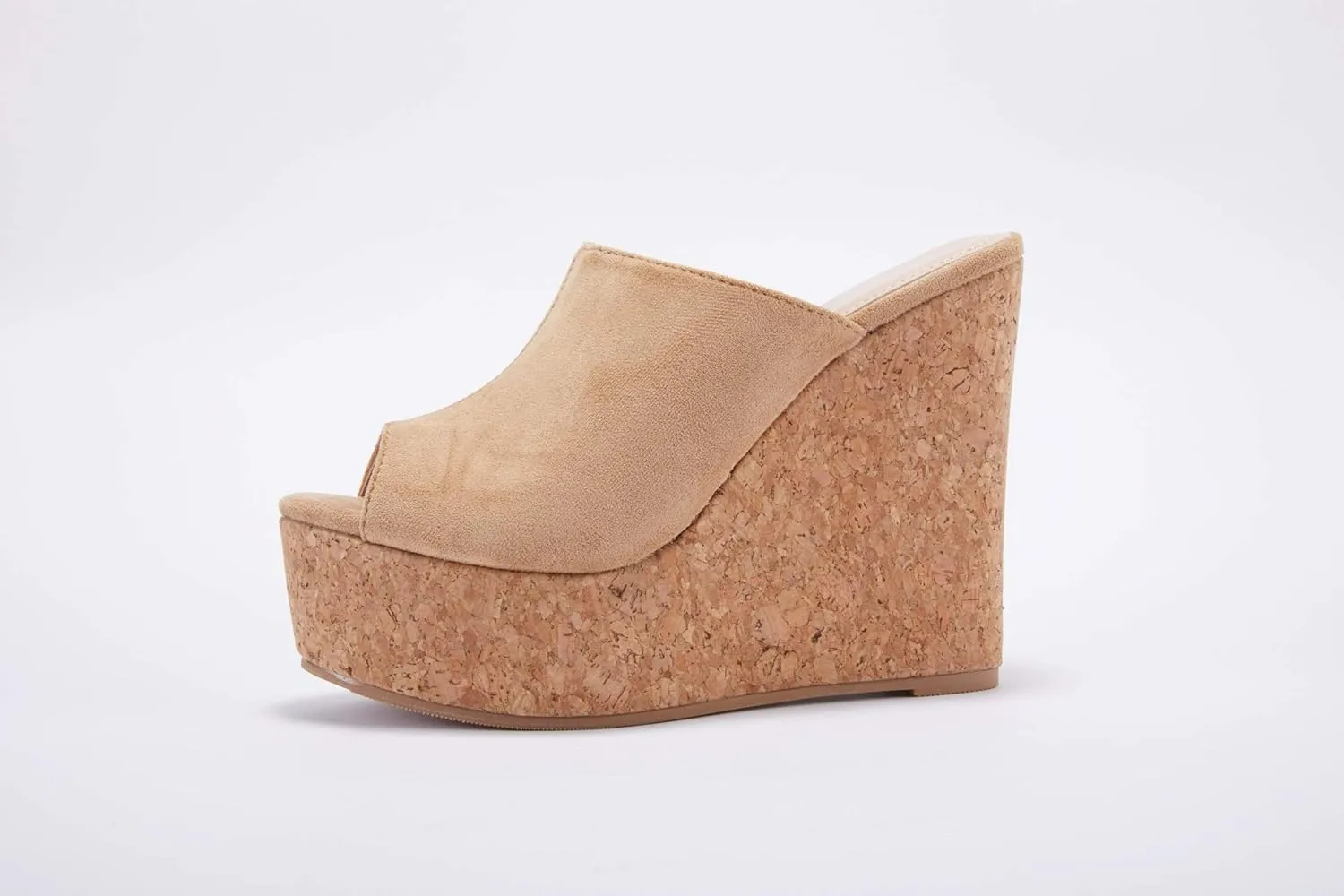 LAICIGO Womens Wedge Platform Slide on Sandals Open Toe Cork Faux Suede Dress Summer Slippers Shoes