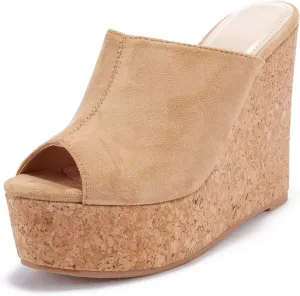 LAICIGO Womens Wedge Platform Slide on Sandals Open Toe Cork Faux Suede Dress Summer Slippers Shoes