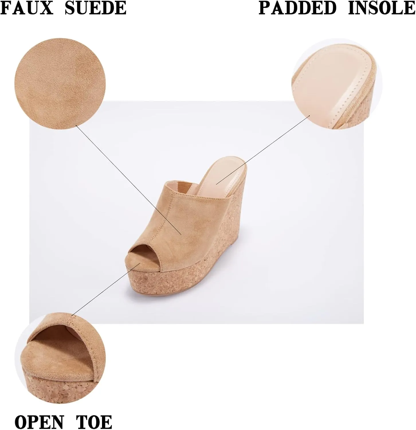 LAICIGO Womens Wedge Platform Slide on Sandals Open Toe Cork Faux Suede Dress Summer Slippers Shoes