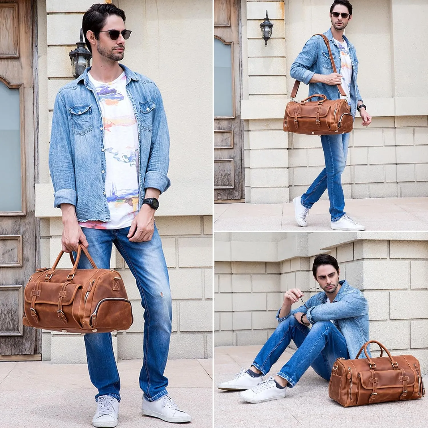 Leather Duffel Bags for Men and Women 20 Inch Full Grain Leather Travel Overnight Weekend Leather Bags Travel Duffel for Men, 9802 Light Brown