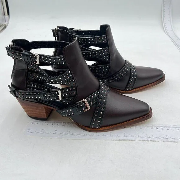 Light Brown Studded Cutout Chunky Heel Ankle Boot Closed Toe Buckle Strap Boot