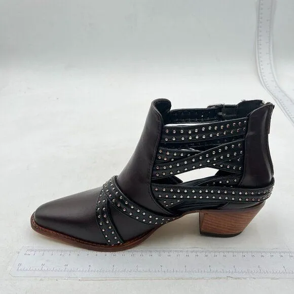 Light Brown Studded Cutout Chunky Heel Ankle Boot Closed Toe Buckle Strap Boot