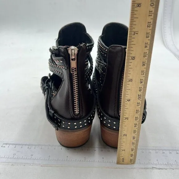 Light Brown Studded Cutout Chunky Heel Ankle Boot Closed Toe Buckle Strap Boot