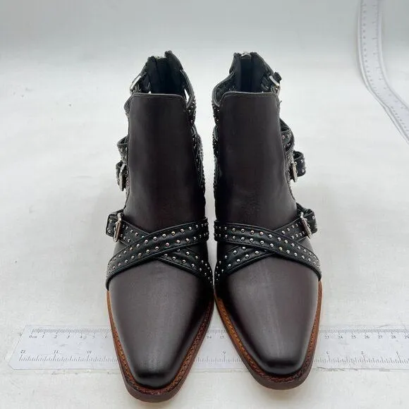 Light Brown Studded Cutout Chunky Heel Ankle Boot Closed Toe Buckle Strap Boot