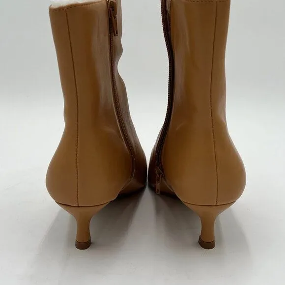 Light Brown Women Kitten Heel Ankle Boots Pointed Toe Side Zippers Dress Shoes