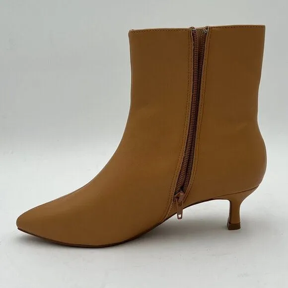 Light Brown Women Kitten Heel Ankle Boots Pointed Toe Side Zippers Dress Shoes