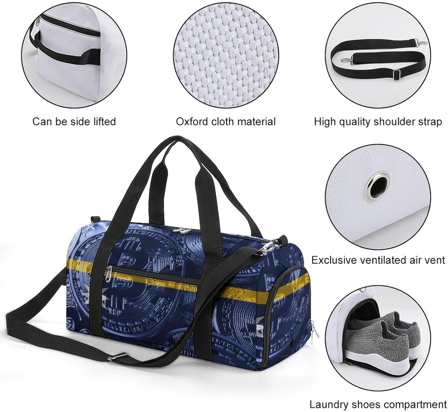Lightweight Nauru Flag Bitcoin Gym Bag with Shoe Compartment Waterproof Duffel