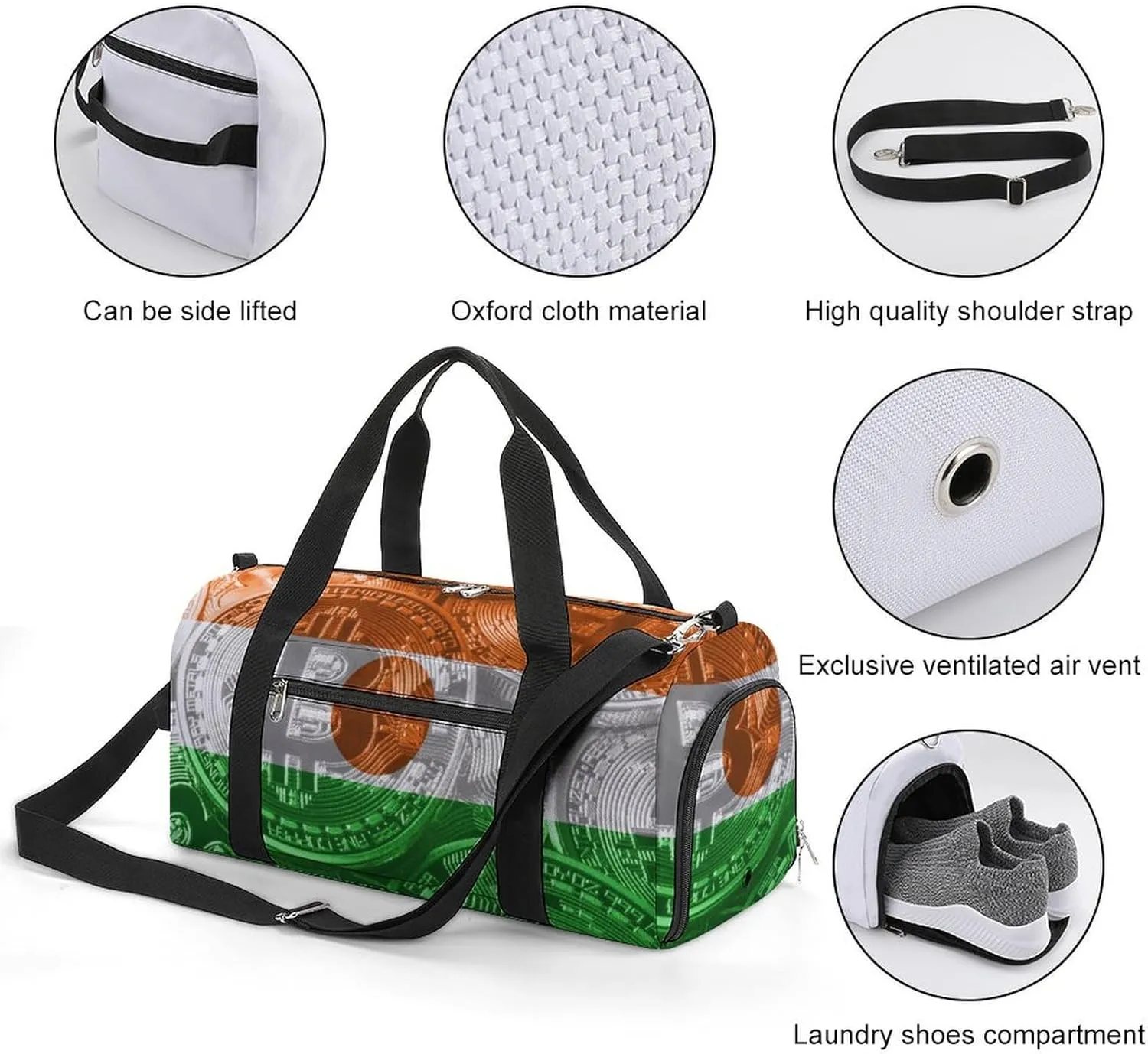 Lightweight Niger Flag Bitcoin Gym Bag with Shoe Compartment Waterproof Duffel
