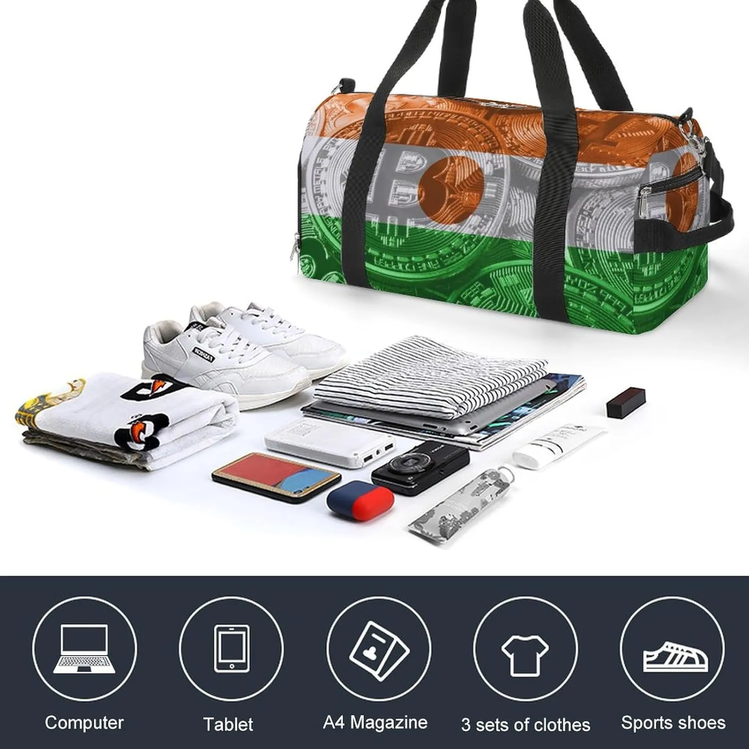 Lightweight Niger Flag Bitcoin Gym Bag with Shoe Compartment Waterproof Duffel