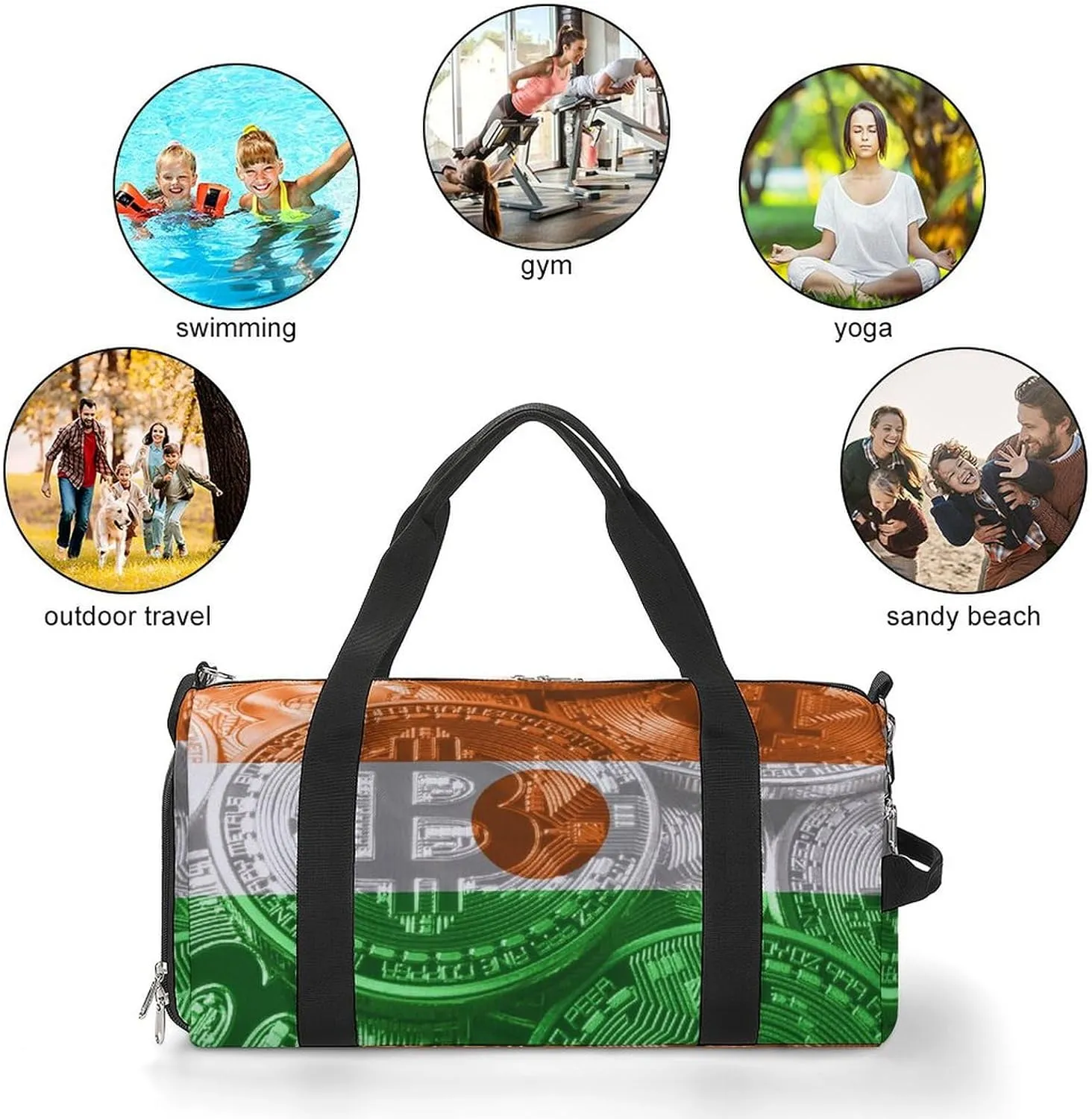 Lightweight Niger Flag Bitcoin Gym Bag with Shoe Compartment Waterproof Duffel