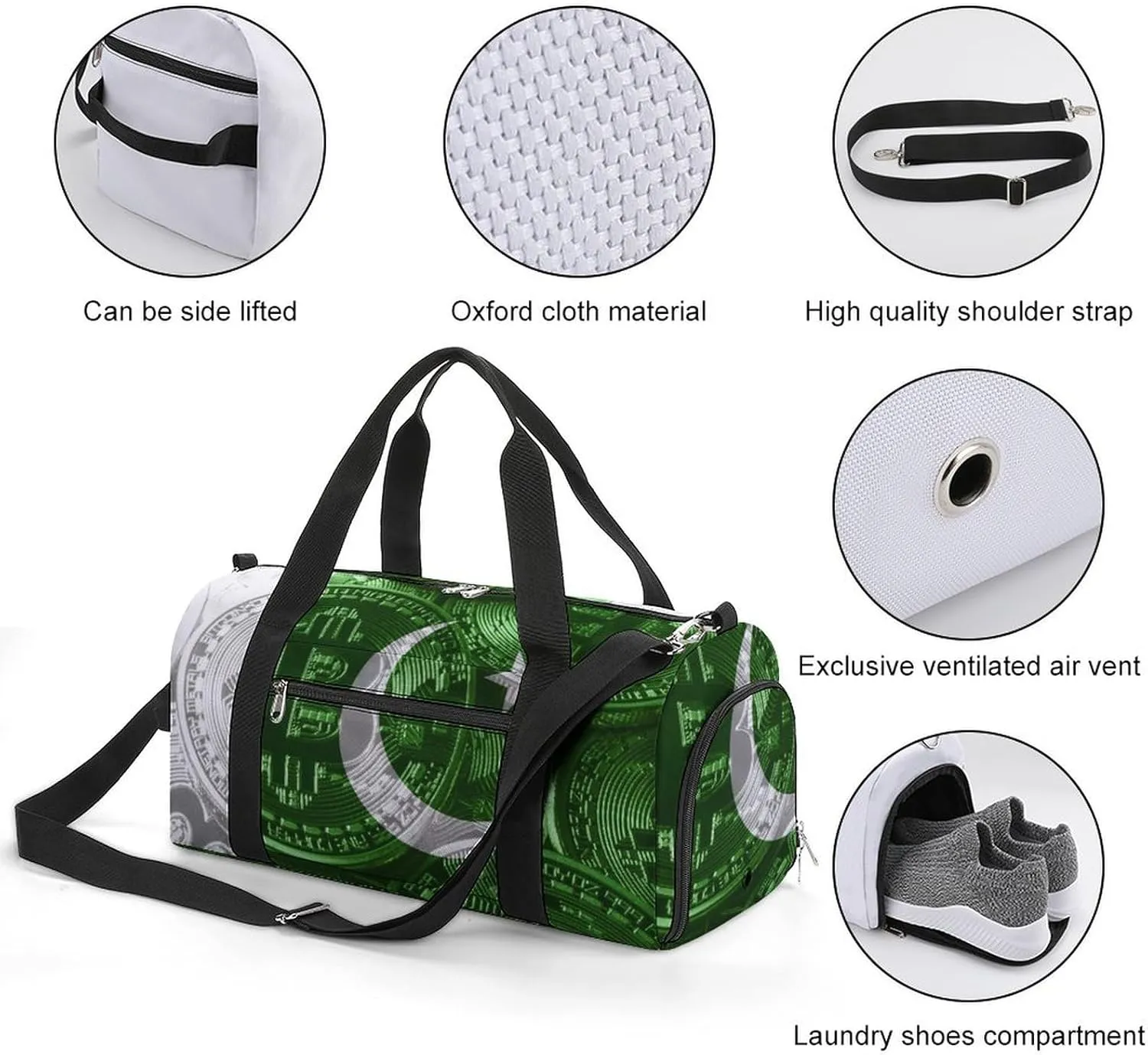 Lightweight Pakistan Flag Bitcoin Gym Bag with Shoe Compartment Waterproof Duffel