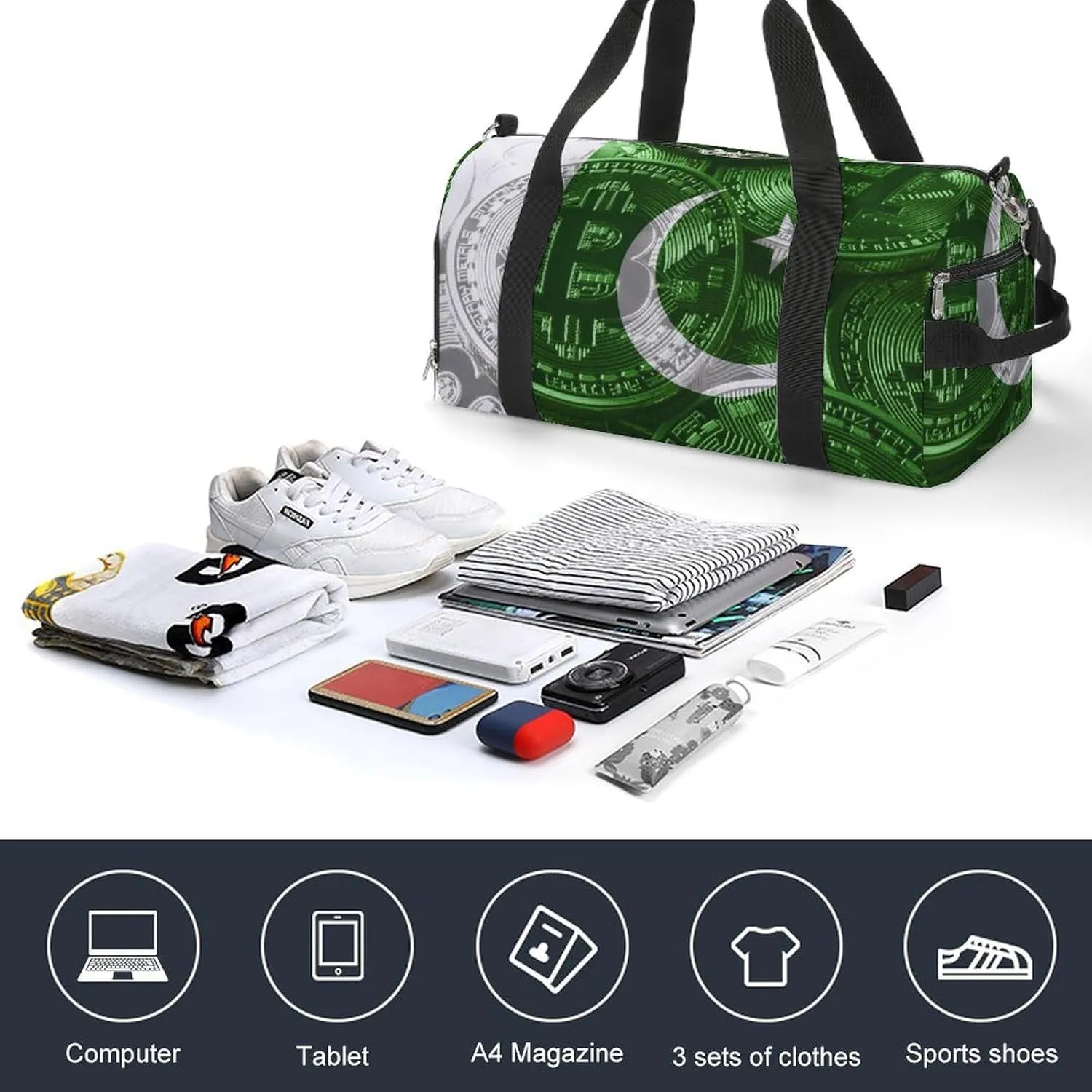 Lightweight Pakistan Flag Bitcoin Gym Bag with Shoe Compartment Waterproof Duffel