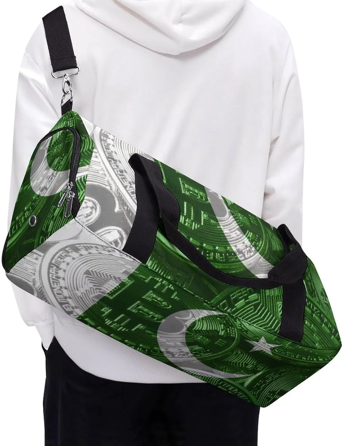 Lightweight Pakistan Flag Bitcoin Gym Bag with Shoe Compartment Waterproof Duffel