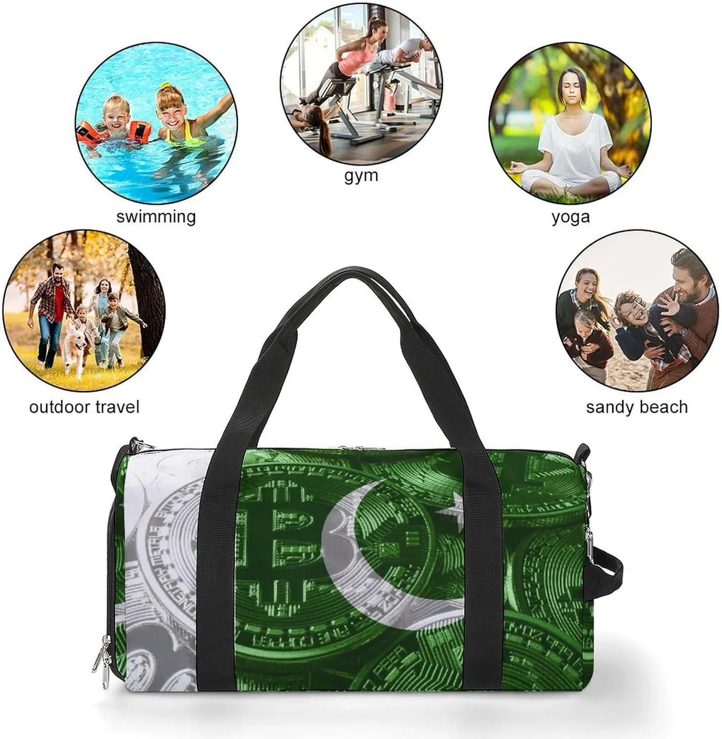 Lightweight Pakistan Flag Bitcoin Gym Bag with Shoe Compartment Waterproof Duffel