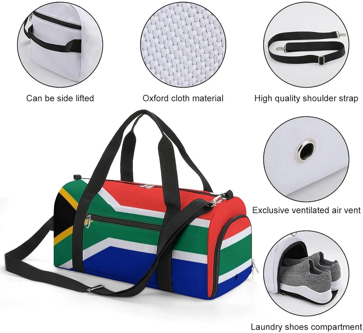Lightweight South African Flag Sports Duffel Bag for Men Women Shoe Compartment