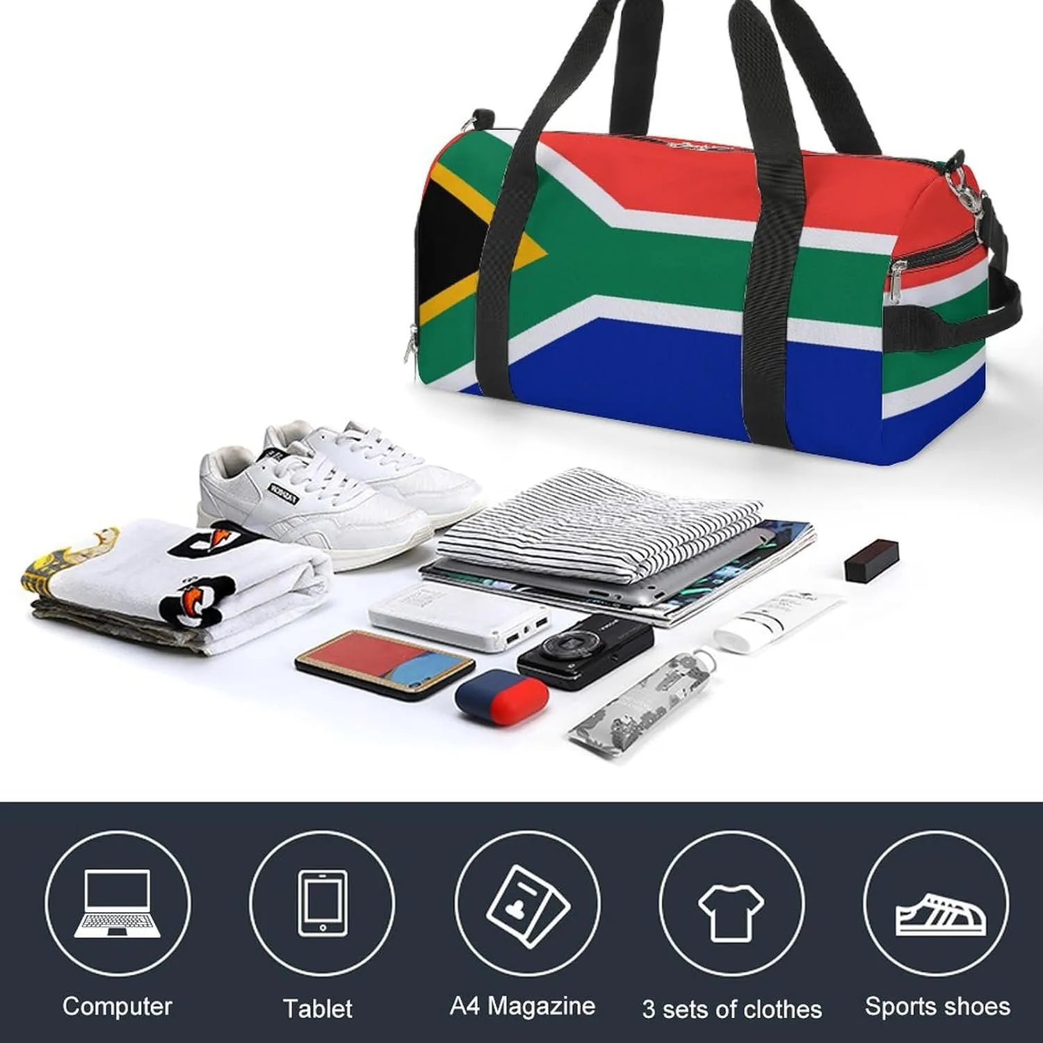 Lightweight South African Flag Sports Duffel Bag for Men Women Shoe Compartment