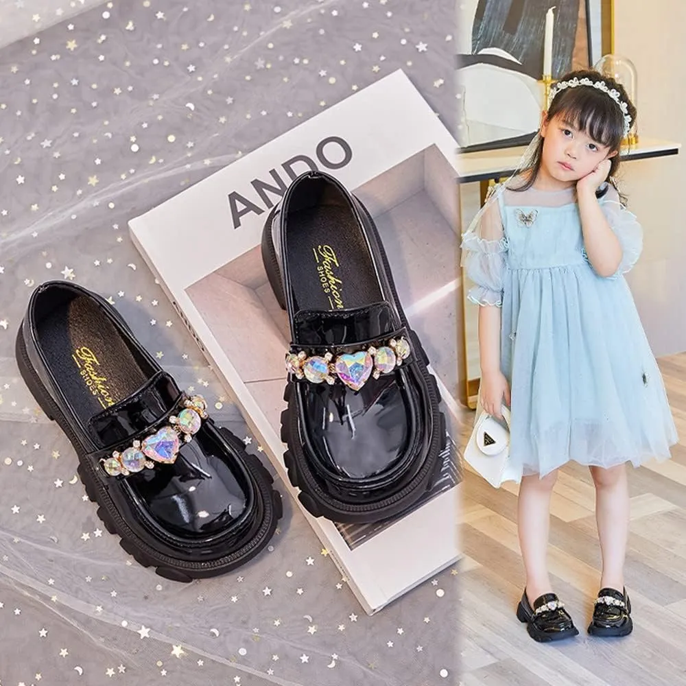 Little Girls Patent Leather Slip-On Penny Loafer Rhinestones Flats Black White School Uniform Dress Shoes for Girls