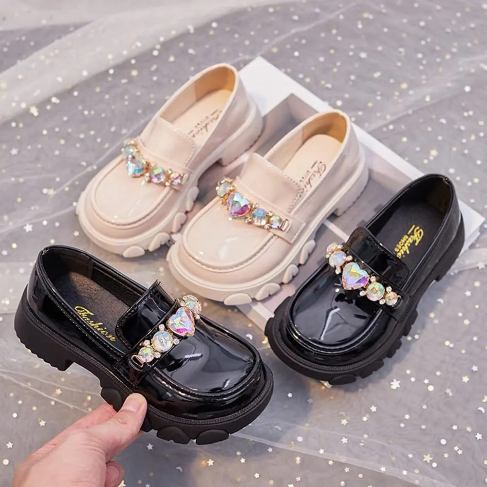 Little Girls Patent Leather Slip-On Penny Loafer Rhinestones Flats Black White School Uniform Dress Shoes for Girls