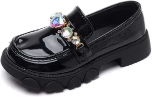 Little Girls Patent Leather Slip-On Penny Loafer Rhinestones Flats Black White School Uniform Dress Shoes for Girls