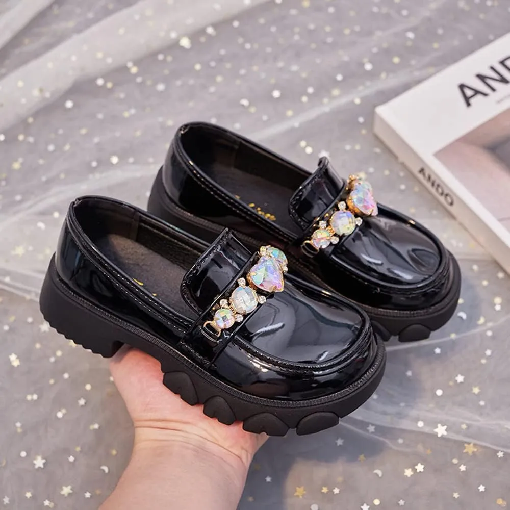 Little Girls Patent Leather Slip-On Penny Loafer Rhinestones Flats Black White School Uniform Dress Shoes for Girls