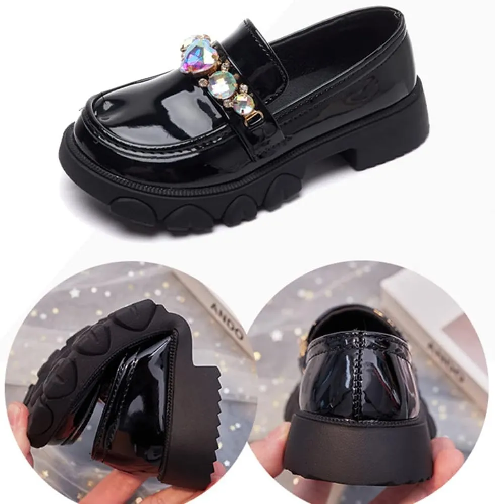 Little Girls Patent Leather Slip-On Penny Loafer Rhinestones Flats Black White School Uniform Dress Shoes for Girls