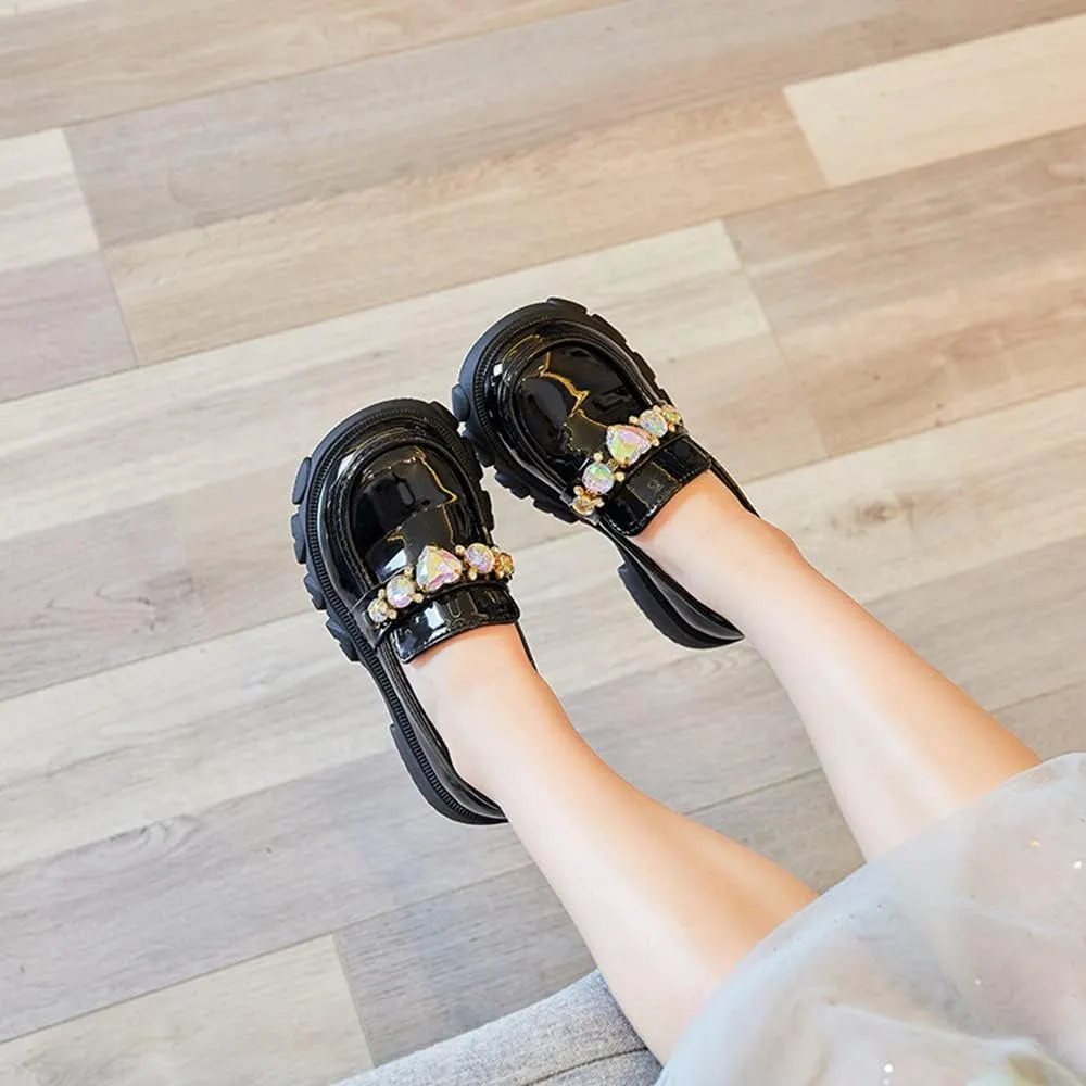 Little Girls Patent Leather Slip-On Penny Loafer Rhinestones Flats Black White School Uniform Dress Shoes for Girls