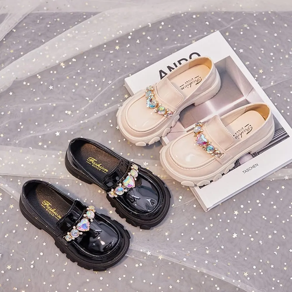 Little Girls Patent Leather Slip-On Penny Loafer Rhinestones Flats Black White School Uniform Dress Shoes for Girls