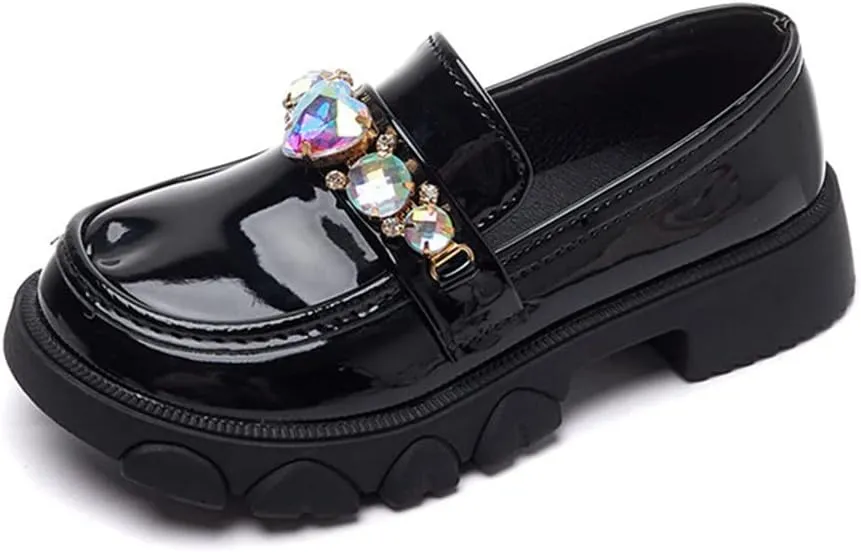 Little Girls Patent Leather Slip-On Penny Loafer Rhinestones Flats Black White School Uniform Dress Shoes for Girls