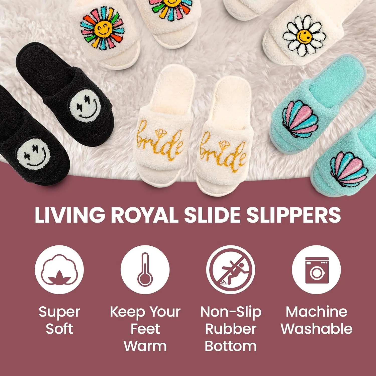 Living Royal Slide Slippers, Novelty Cozy Non-Slip Rubber Sole, Soft 100% Polyester, Funny Fuzzy Design