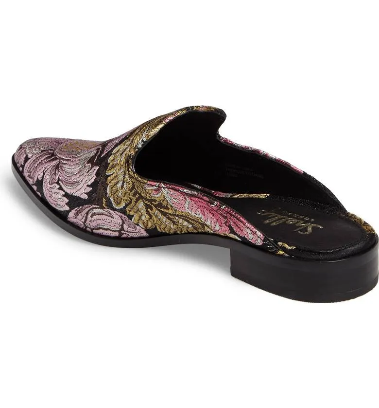 LONDON Black Toe Slides Sleek Mules Floral Brocade Flats SHELLYS Cantara Pointed Futuristic Exclusive event