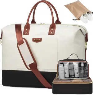 LOVEVOOK Duffle Bag for Travel with Wet Pocket, Lightweight Carry on Weekender Duffel, Water Resistant Hospital Bag for Women Labor Delivery, 4 Pcs Set, Beige-Black