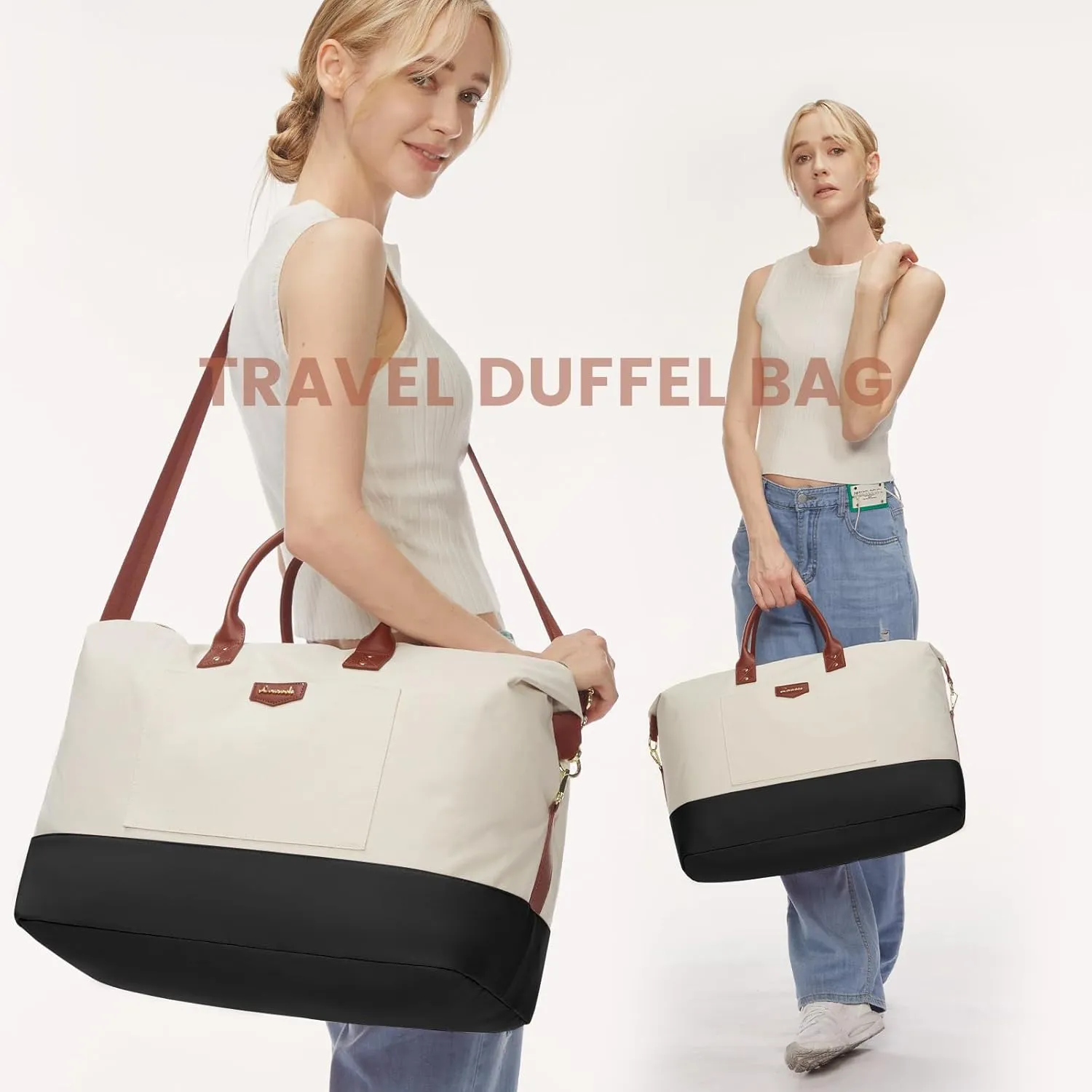 LOVEVOOK Duffle Bag for Travel with Wet Pocket, Lightweight Carry on Weekender Duffel, Water Resistant Hospital Bag for Women Labor Delivery, 4 Pcs Set, Beige-Black