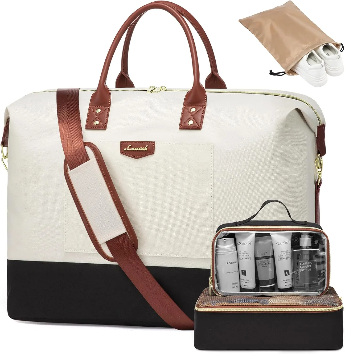 LOVEVOOK Duffle Bag for Travel with Wet Pocket, Lightweight Carry on Weekender Duffel, Water Resistant Hospital Bag for Women Labor Delivery, 4 Pcs Set, Beige-Black
