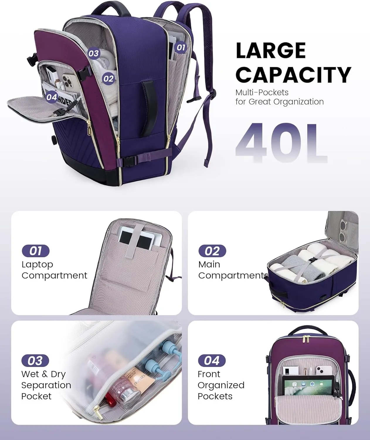 LOVEVOOK Large Travel Backpack for Women, TSA Carry on Backpack for Airplanes, 40L Personal Item Travel Bag for Women fits 17" Laptop,Waterproof Carry on Bag Airplane Approved with 3 Packing Cubes