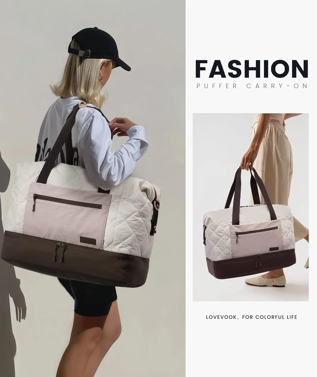 LOVEVOOK Weekender Bags for Women, Puffer Travel Duffel Bags for Woman, Large Hospital Bag for Women Labor Delivery with Shoe Compartment, Carry On Overnight Bag, Personal Item Travel Bag for Airplane